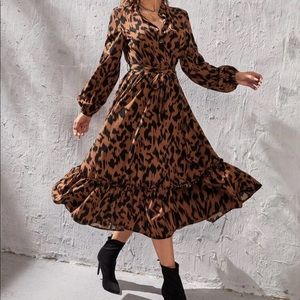 Tall Allover Print Lantern Sleeve Ruffle Hem Belted Shirt Dress